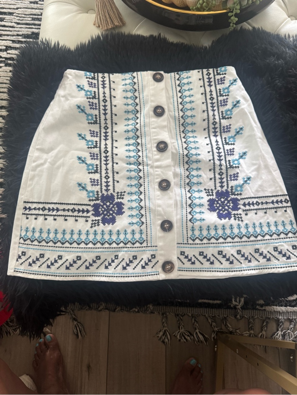 Blue Rain White Mini Skirt with Blue Embroidered Trim
